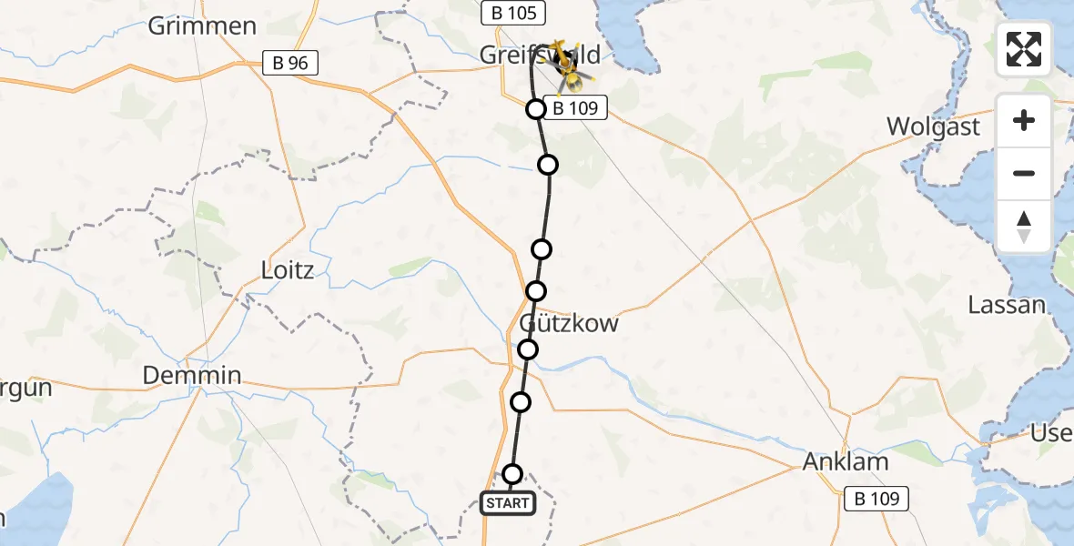 Flugroute Rettungshubschrauber Bartow - Greifswald Hospital, 03 Mai 2026, 05:53