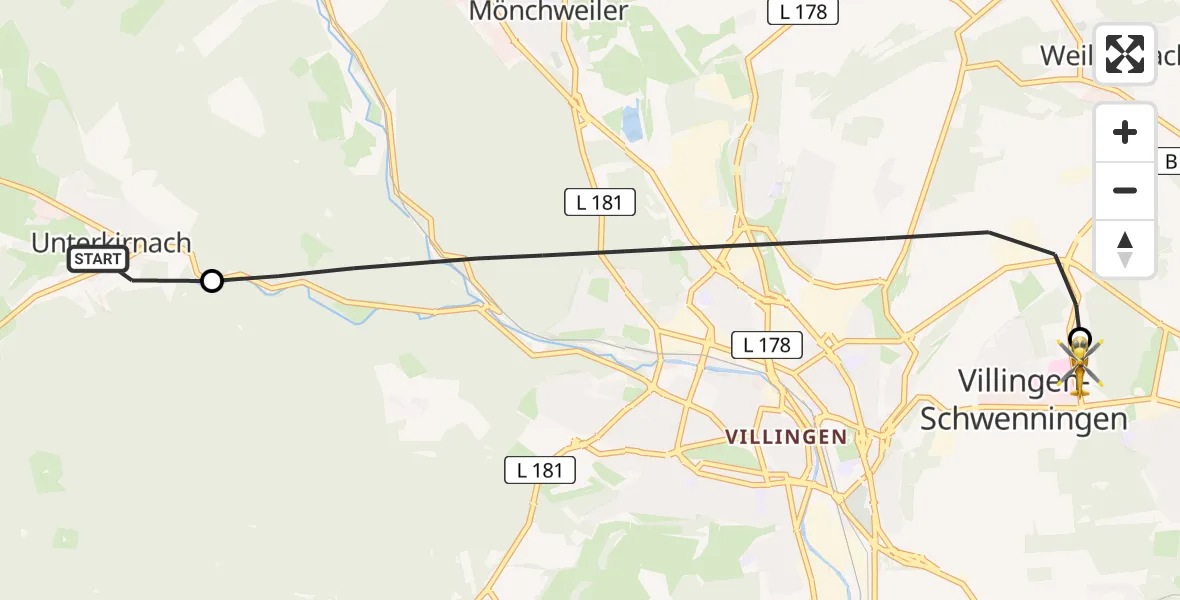 Flugroute Ambulanzhubschrauber Unterkirnach - DRF Air Rescue Station Villingen-Schwenningen Hubschrauberlandeplatz (Christoph 11), 03 Mai 2026, 05:55