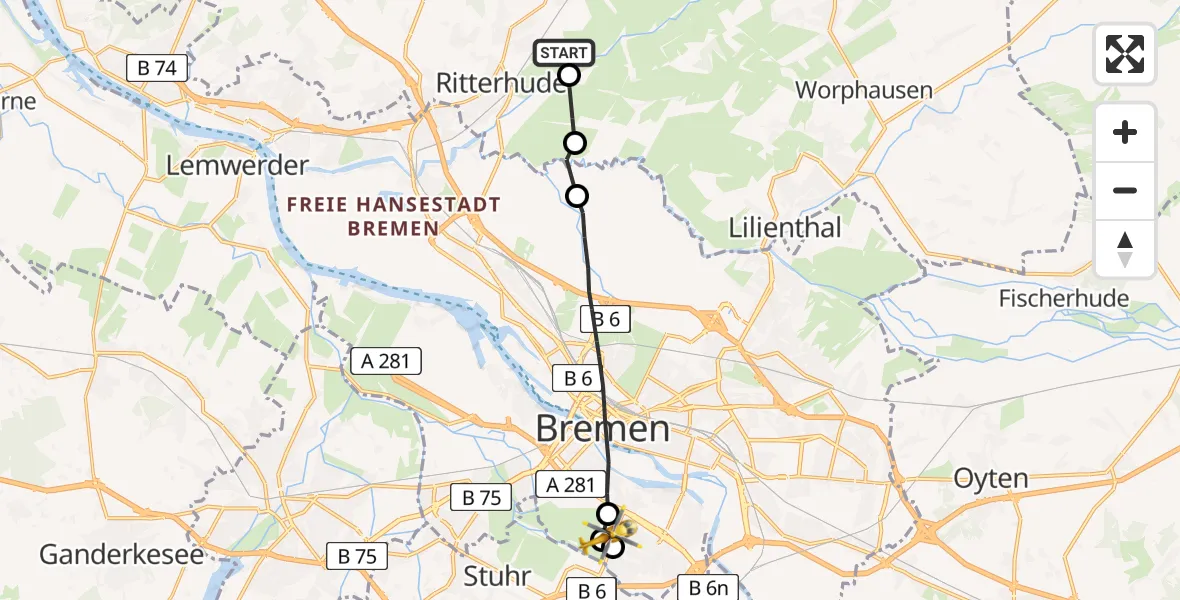 Flugroute Rettungshubschrauber Osterholz-Scharmbeck - Bremen, 03 Mai 2026, 06:08