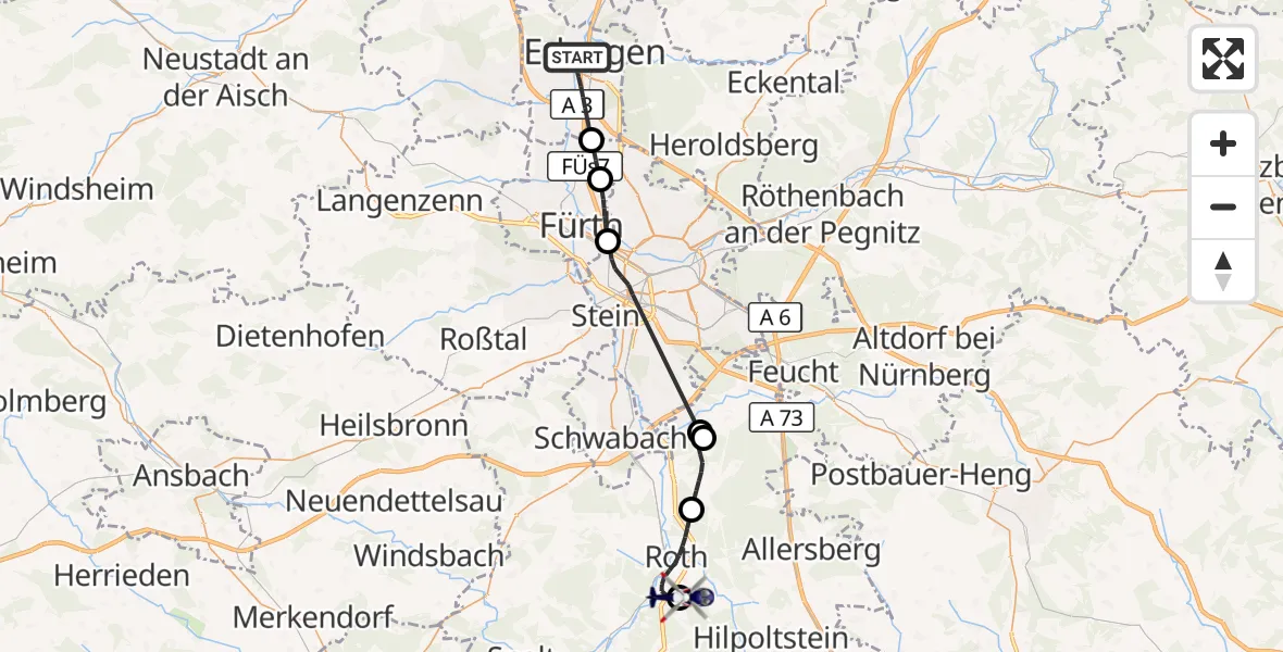 Flugroute Polizeihubschrauber Erlangen - Flugplatz Roth, 03 Mai 2026, 06:20