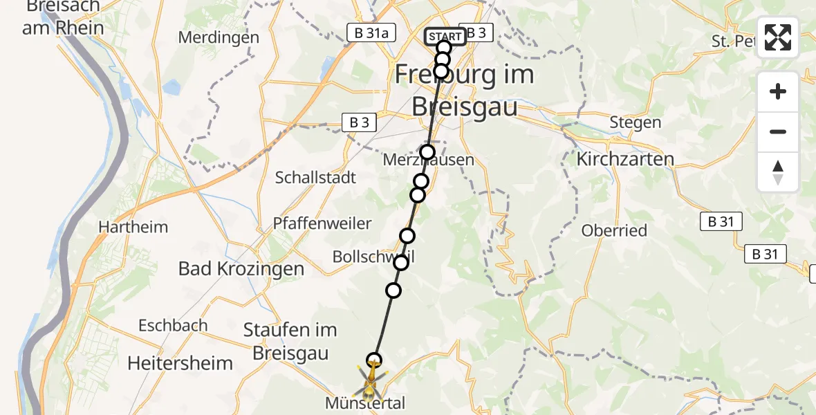 Flugroute Rettungshubschrauber Freiburg im Breisgau Flugplatz - Münstertal/Schwarzwald, 03 Mai 2026, 06:44