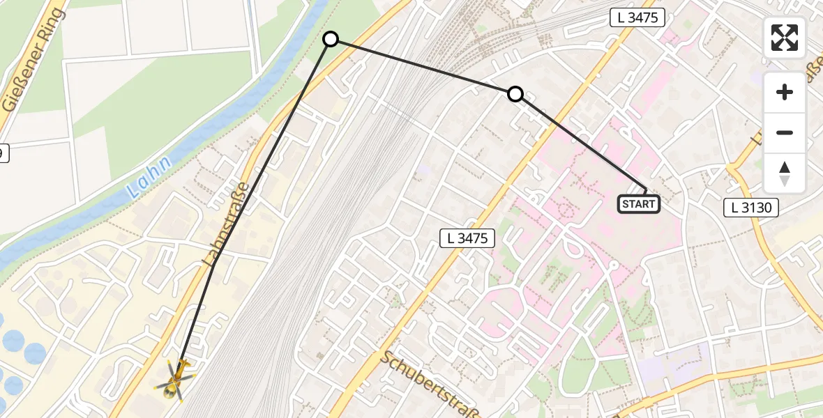 Flugroute Rettungshubschrauber Gießen University Hospital - Gießen, 03 Mai 2026, 06:48