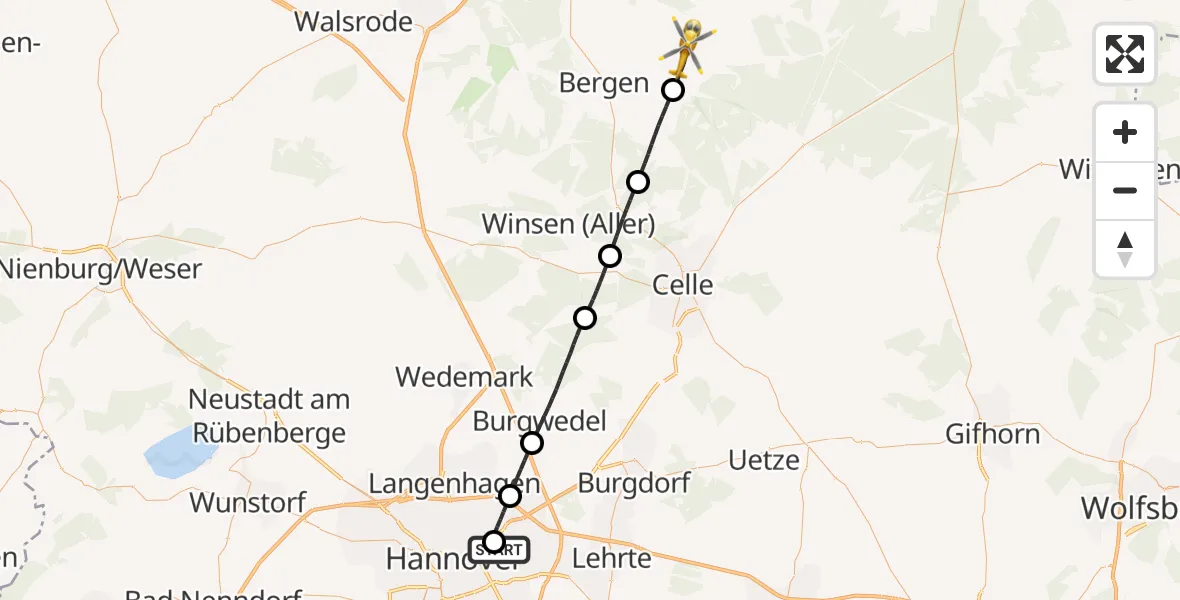 Flugroute Rettungshubschrauber Hannover Luftrettung Hubschrauberlandeplatz (Christoph 4) - Südheide, 03 Mai 2026, 06:56