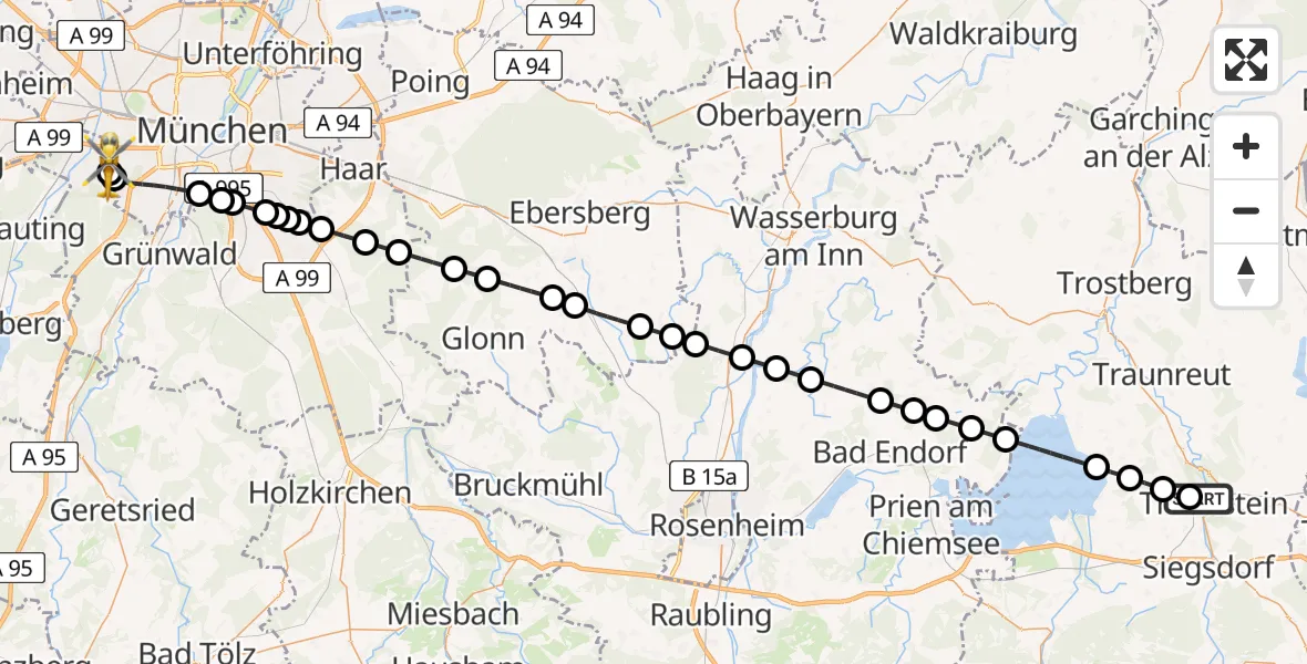 Flugroute Rettungshubschrauber Traunstein Hospital - DRF Air Rescue München Hubschrauberlandeplatz, 03 Mai 2026, 06:58