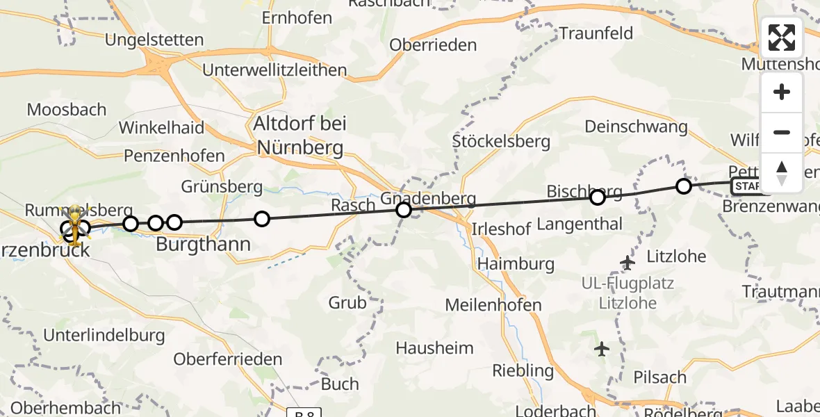 Flugroute Rettungshubschrauber Lauterhofen - Rummelsberg Hospital, 03 Mai 2026, 06:58