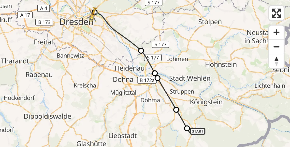 Flugroute Rettungshubschrauber Rosenthal-Bielatal - Dresden Elbwiesen Hubschrauberlandeplatz, 03 Mai 2026, 07:11