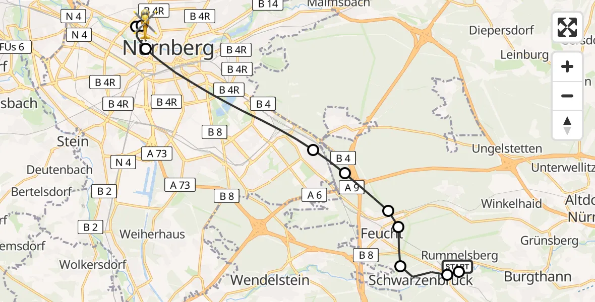 Flugroute Rettungshubschrauber Rummelsberg Hospital - Nürnberg North Hospital, 03 Mai 2026, 07:37