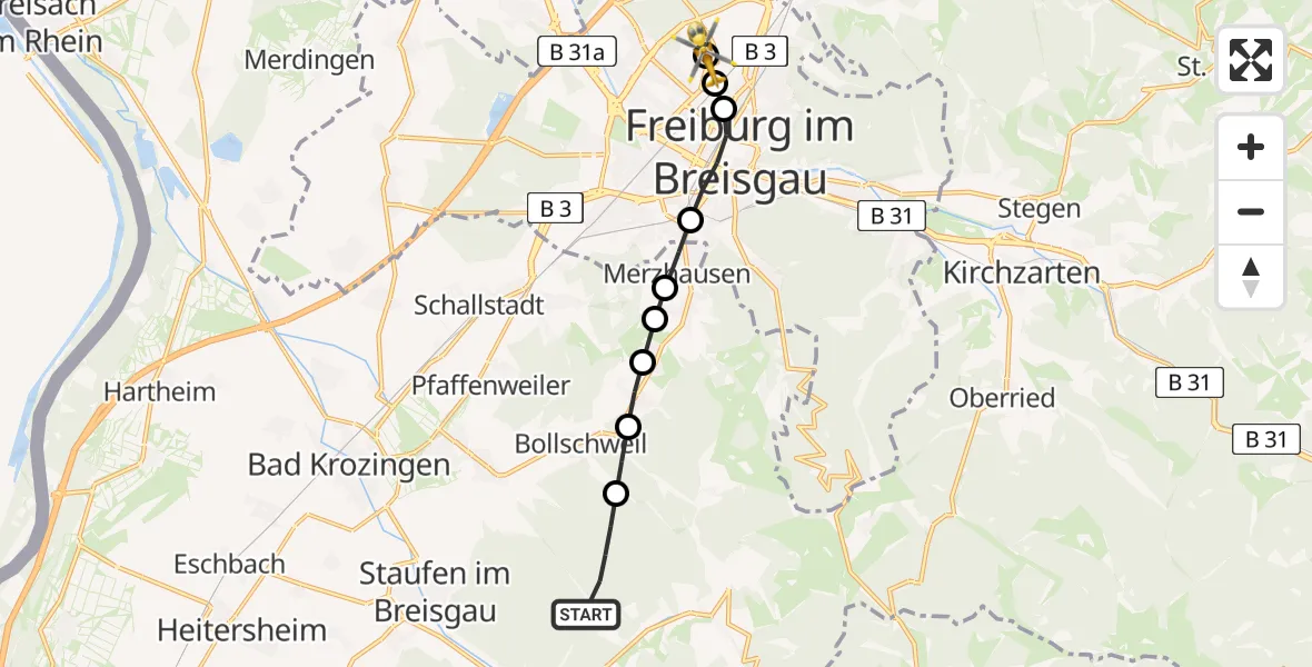 Flugroute Rettungshubschrauber Ehrenkirchen - Freiburg im Breisgau Flugplatz, 03 Mai 2026, 07:45