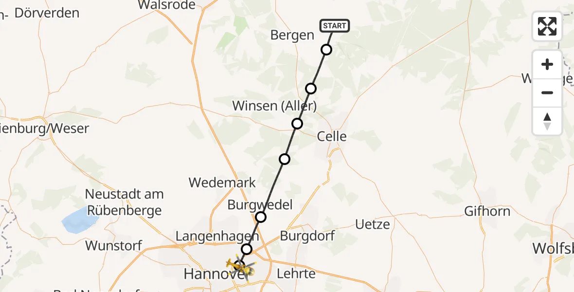 Flugroute Rettungshubschrauber Südheide - Hannover Luftrettung Hubschrauberlandeplatz (Christoph 4), 03 Mai 2026, 07:46