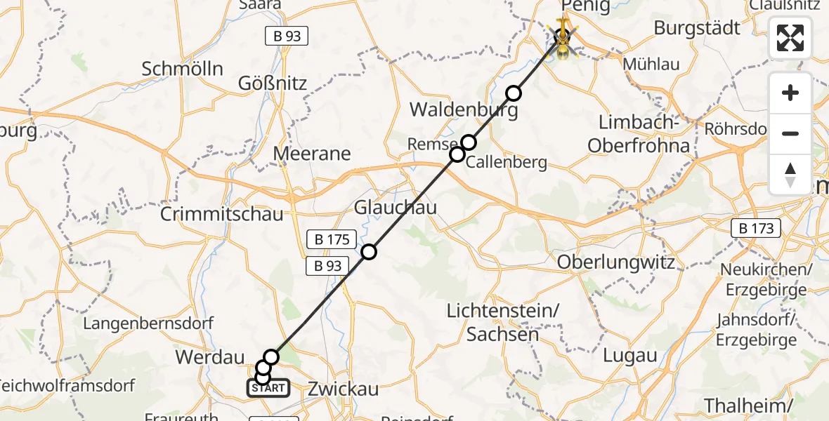 Flugroute Rettungshubschrauber ADAC Air Rescue Station Zwickau Hubschrauberlandeplatz - Penig, 03 Mai 2026, 07:47