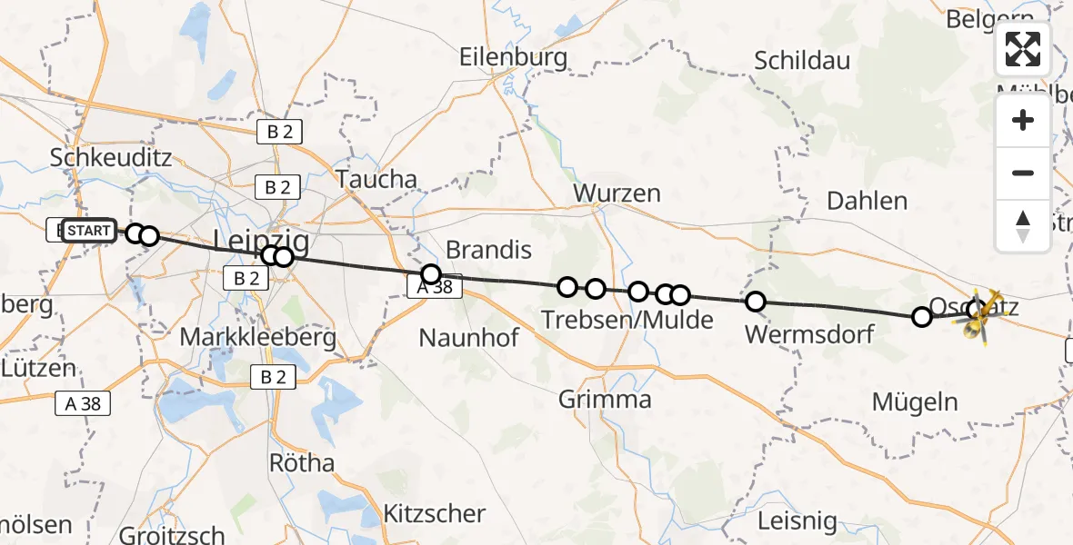 Flugroute Rettungshubschrauber Schkeuditz - Collm Klinik Oschatz Hubschrauberlandeplatz, 03 Mai 2026, 07:55