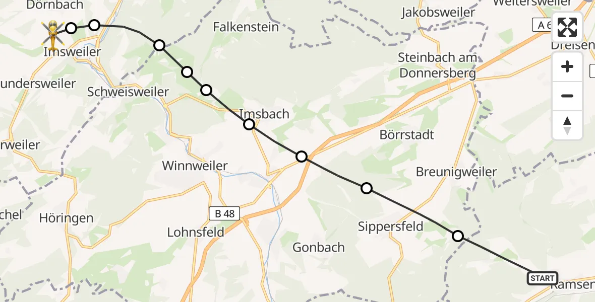 Flugroute Rettungshubschrauber Ramsen - Imsweiler UL, 03 Mai 2026, 08:02