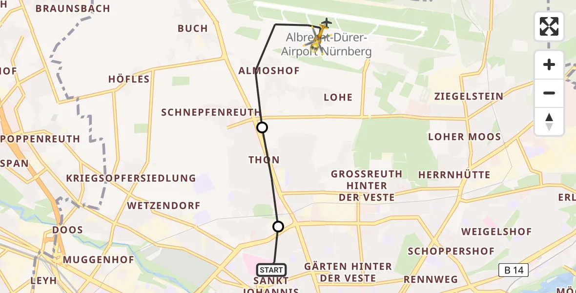 Flugroute Rettungshubschrauber Nürnberg North Hospital - Flughafen Nuremberg, 03 Mai 2026, 08:09