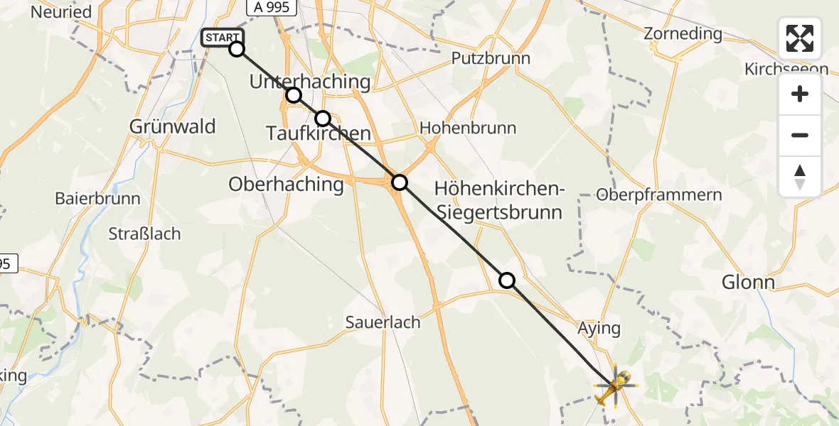 Flugroute Rettungshubschrauber ADAC Air Rescue Center Hubschrauberlandeplatz (Christoph 1) - Aying, 03 Mai 2026, 08:34
