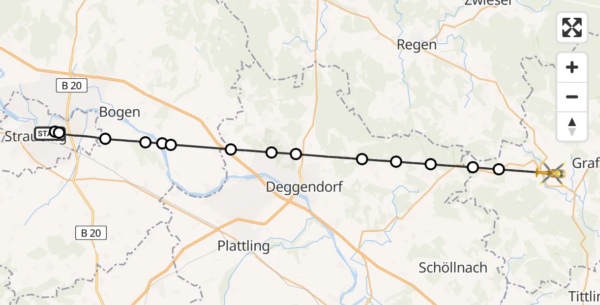 Flugroute Rettungshubschrauber Sankt Elisabeth Hospital Straubing - Schönberg, 03 Mai 2026, 08:38