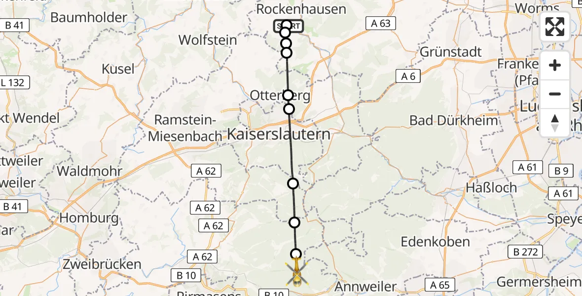 Flugroute Rettungshubschrauber Imsweiler UL - Wilgartswiesen, 03 Mai 2026, 08:40