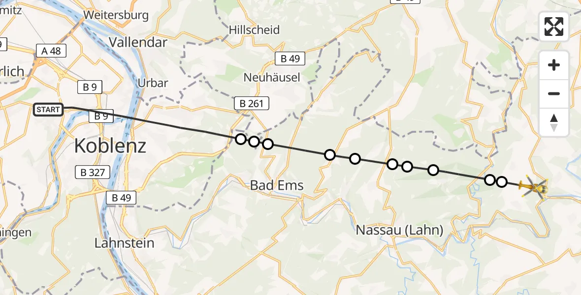 Flugroute Rettungshubschrauber Koblenz - Dörnberg, 03 Mai 2026, 08:45