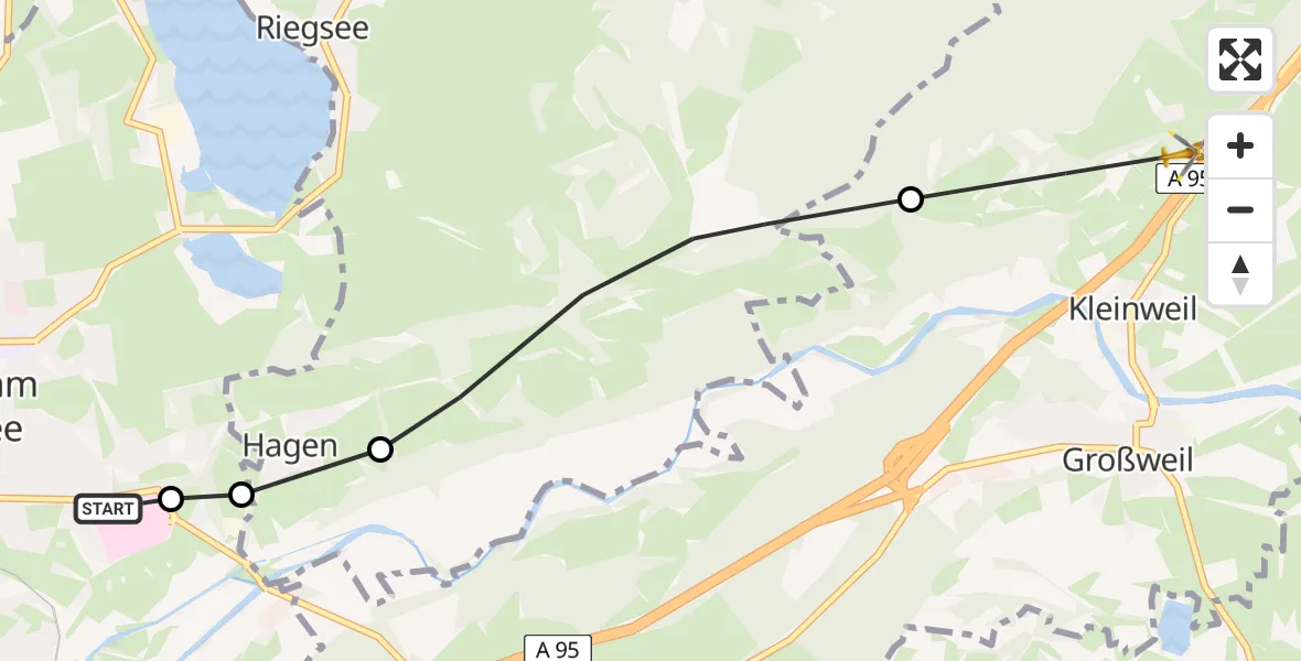 Flugroute Rettungshubschrauber Murnau Accident Hospital - Großweil, 03 Mai 2026, 08:51