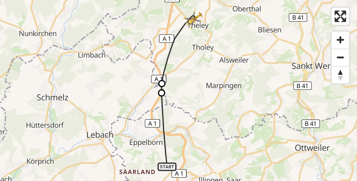 Flugroute Rettungshubschrauber Eppelborn - Tholey, 03 Mai 2026, 09:02