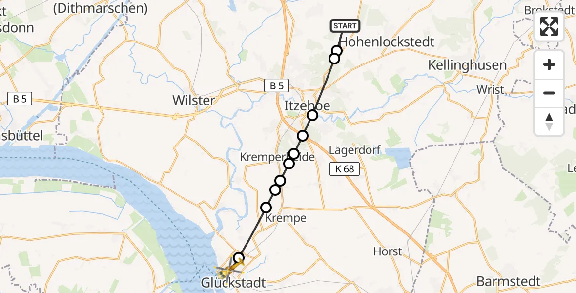 Flugroute Rettungshubschrauber Hohenlockstedt - Glückstadt, 03 Mai 2026, 09:05