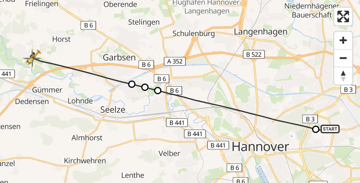Flugroute Rettungshubschrauber Hannover Luftrettung Hubschrauberlandeplatz (Christoph 4) - Garbsen, 03 Mai 2026, 09:10