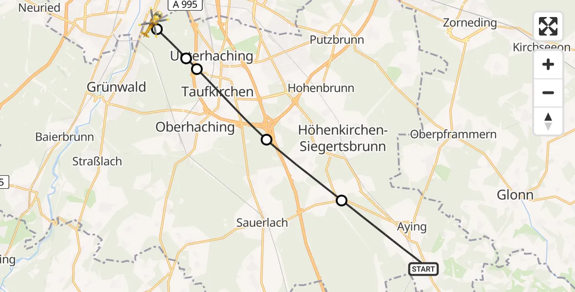 Flugroute Rettungshubschrauber Aying - ADAC Air Rescue Center Hubschrauberlandeplatz (Christoph 1), 03 Mai 2026, 09:12