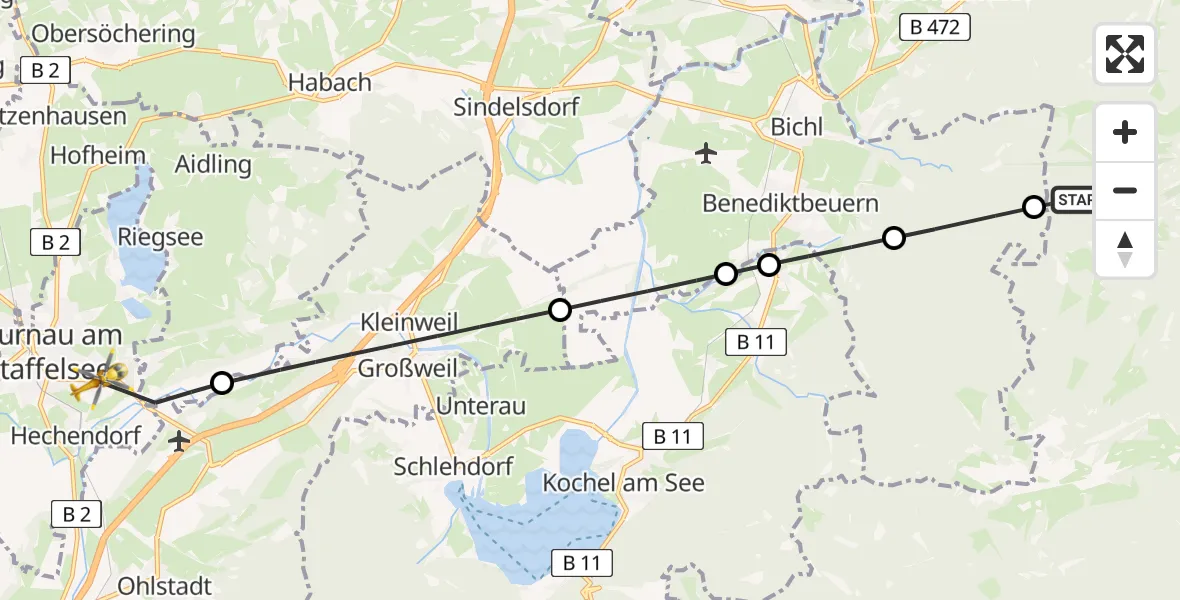 Flugroute Rettungshubschrauber Wackersberg - Murnau Accident Hospital, 03 Mai 2026, 09:14