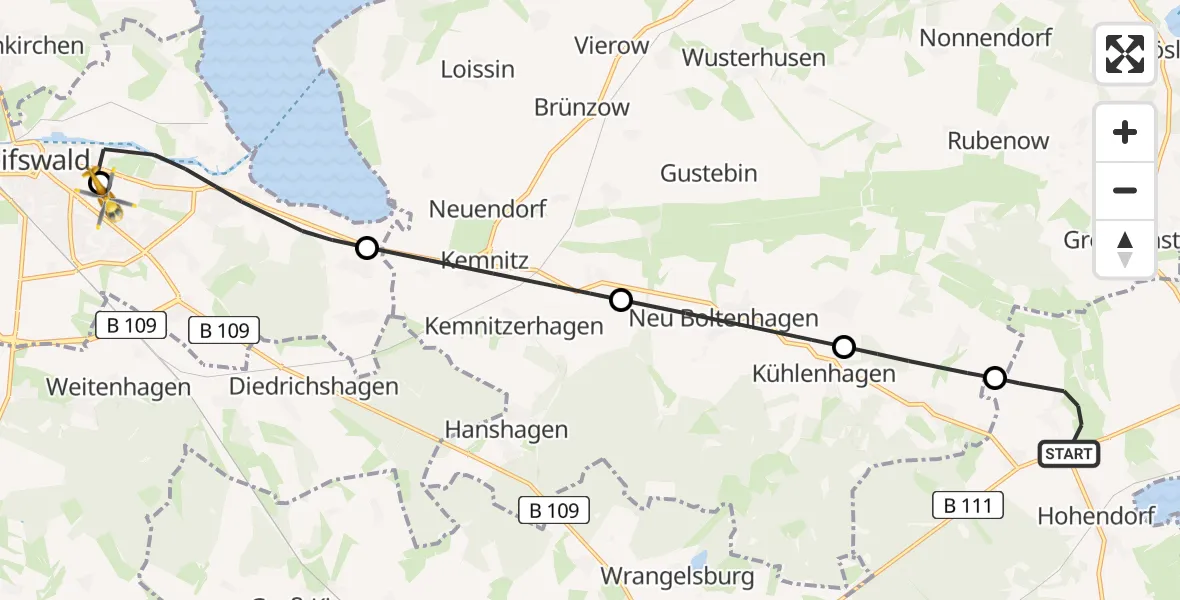Flugroute Rettungshubschrauber Wolgast - Greifswald Hospital, 03 Mai 2026, 09:24