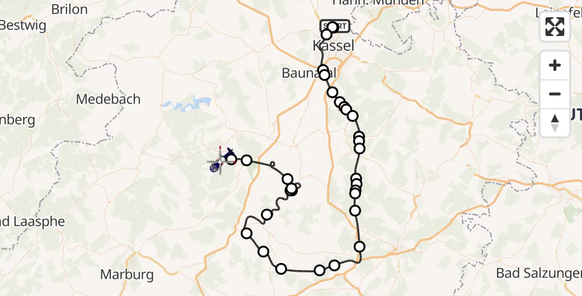 Flugroute Polizeihubschrauber Fuldatal Bundespolizei Hubschrauberlandeplatz - Bad Wildungen, 03 Mai 2026, 09:24