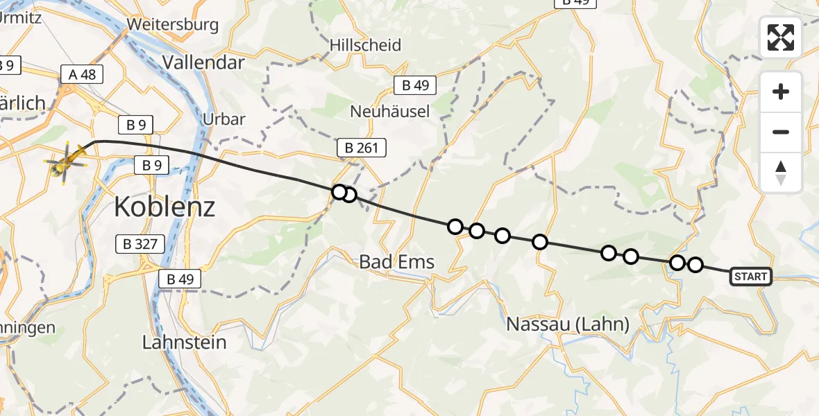 Flugroute Rettungshubschrauber Dörnberg - Koblenz, 03 Mai 2026, 09:28