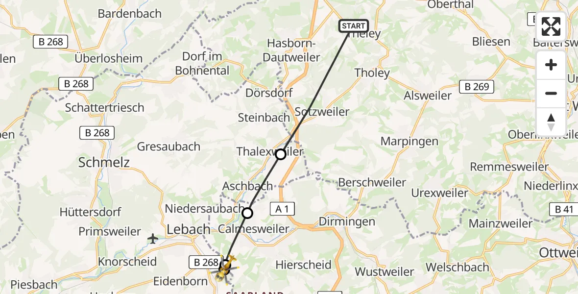 Flugroute Rettungshubschrauber Tholey - Eppelborn, 03 Mai 2026, 09:32