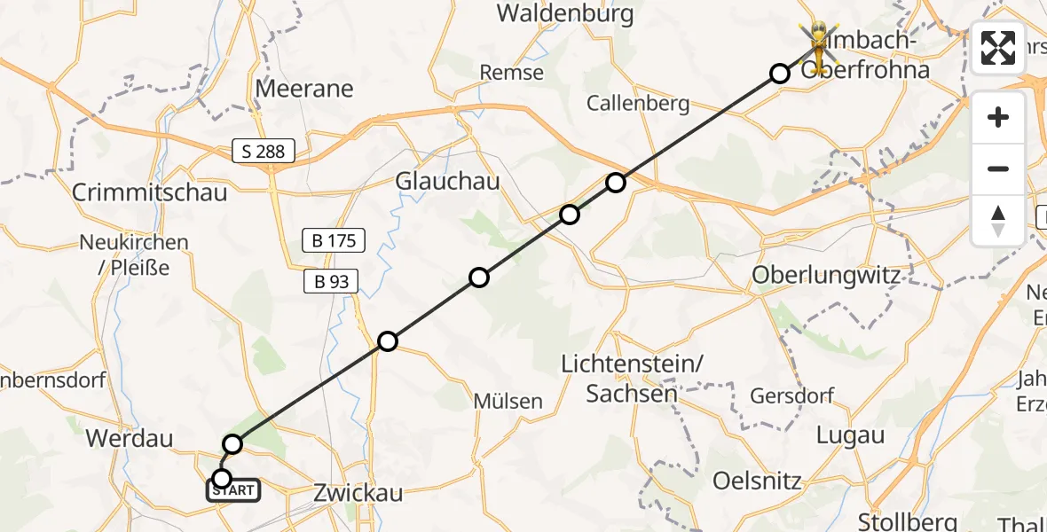 Flugroute Rettungshubschrauber ADAC Air Rescue Station Zwickau Hubschrauberlandeplatz - Limbach-Oberfrohna, 03 Mai 2026, 09:33