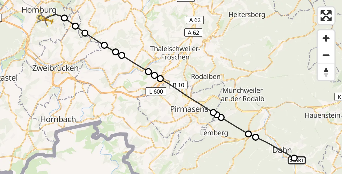 Flugroute Rettungshubschrauber Schindhard - Homburg, 03 Mai 2026, 09:35