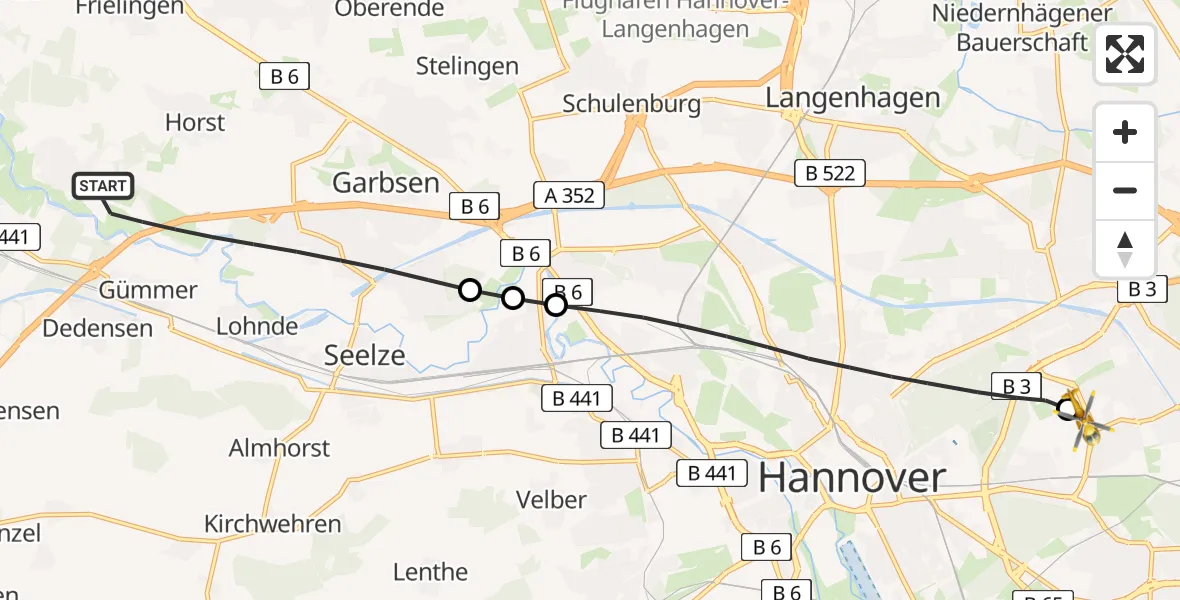 Flugroute Rettungshubschrauber Garbsen - Hannover Luftrettung Hubschrauberlandeplatz (Christoph 4), 03 Mai 2026, 09:47