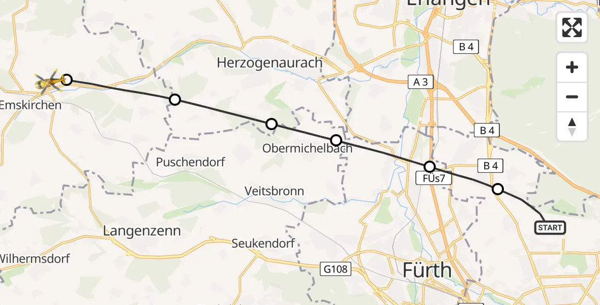 Flugroute Rettungshubschrauber Flughafen Nuremberg - Wilhelmsdorf, 03 Mai 2026, 09:48