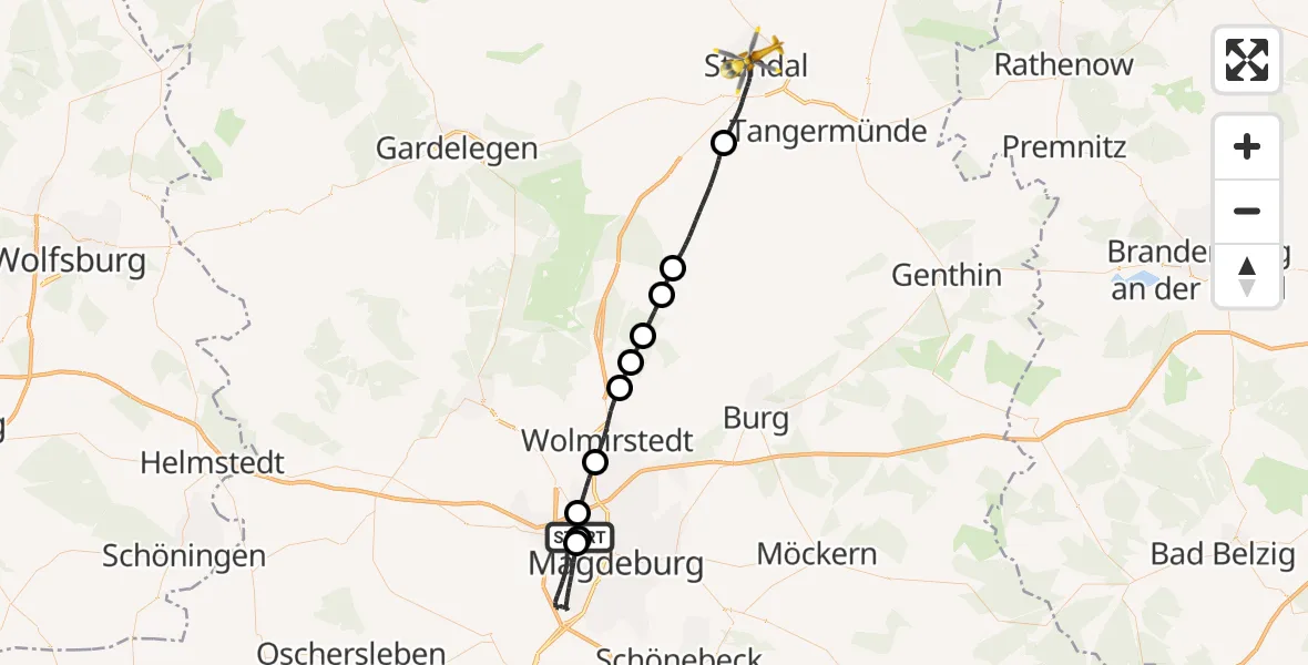 Flugroute Rettungshubschrauber Magdeburg Hospital - Stendal, 03 Mai 2026, 09:49