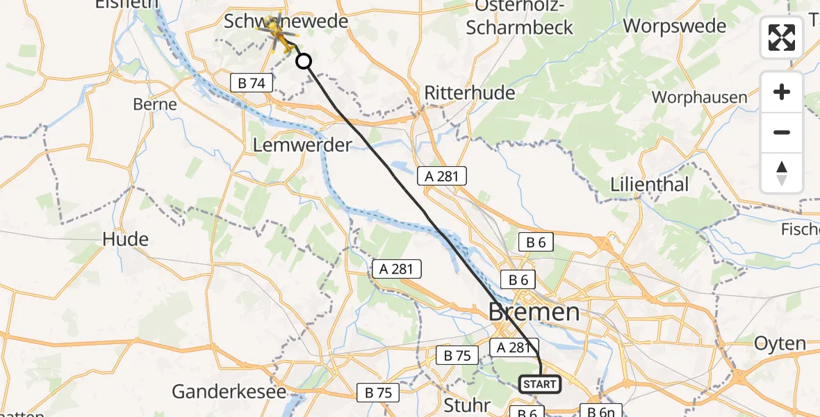 Flugroute Rettungshubschrauber Bremen - Schwanewede, 03 Mai 2026, 09:49