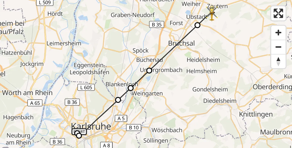 Flugroute Rettungshubschrauber Sankt Vincentius Hospital - Ubstadt-Weiher, 03 Mai 2026, 09:52