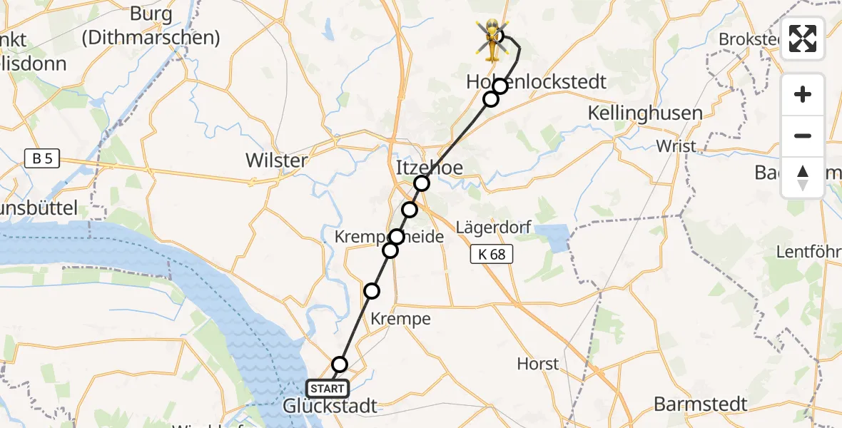 Flugroute Rettungshubschrauber Glückstadt - Itzehoe Hungriger Wolf Flugplatz, 03 Mai 2026, 09:52