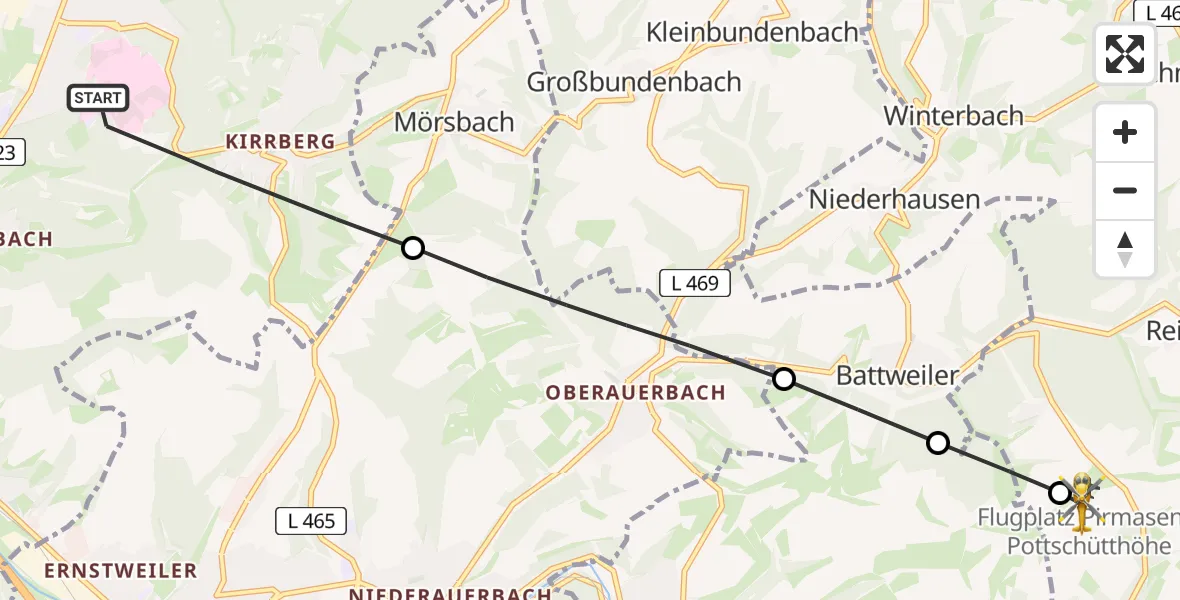 Flugroute Rettungshubschrauber Homburg - Pirmasens-Pottschütthöhe Flugplatz, 03 Mai 2026, 09:54