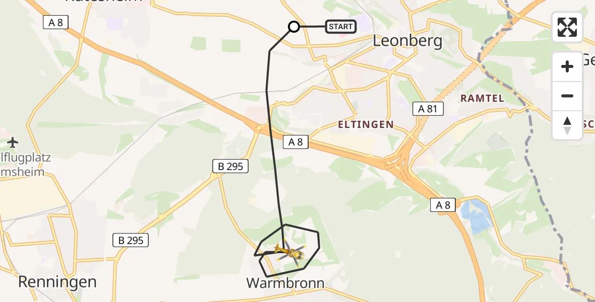 Flugroute Rettungshubschrauber Leonberg Hospital - Leonberg, 03 Mai 2026, 10:06
