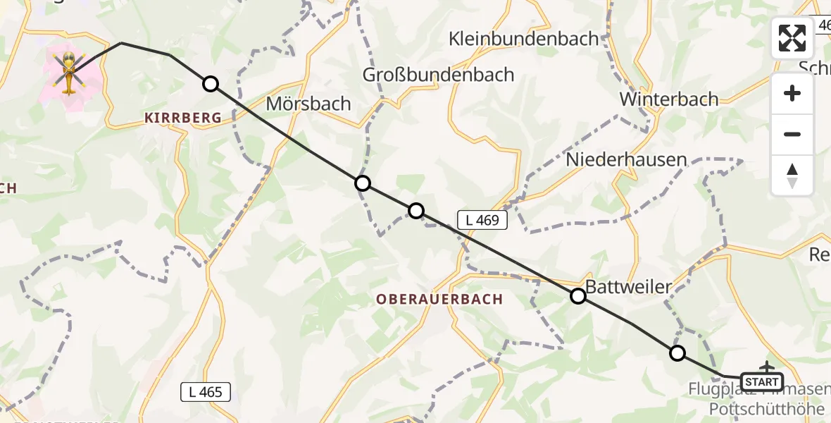 Flugroute Rettungshubschrauber Pirmasens-Pottschütthöhe Flugplatz - Homburg, 03 Mai 2026, 10:10
