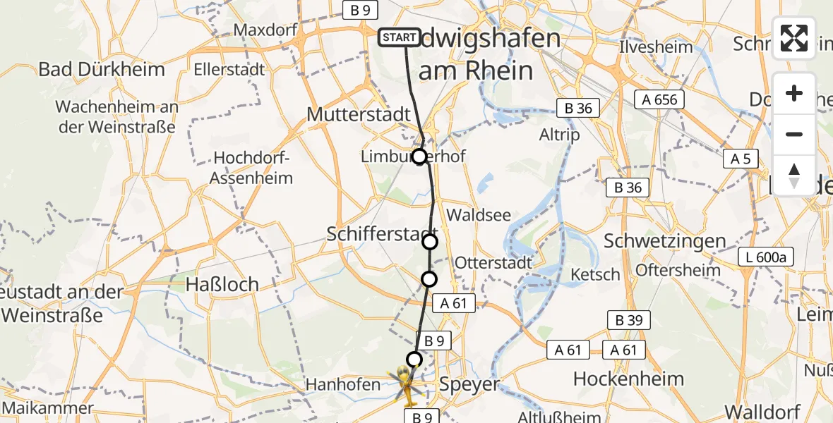 Flugroute Rettungshubschrauber Ludwigshafen am Rhein - Dudenhofen, 03 Mai 2026, 10:10