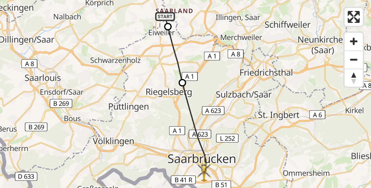 Flugroute Rettungshubschrauber Lebach - Saarbrücken, 03 Mai 2026, 10:11