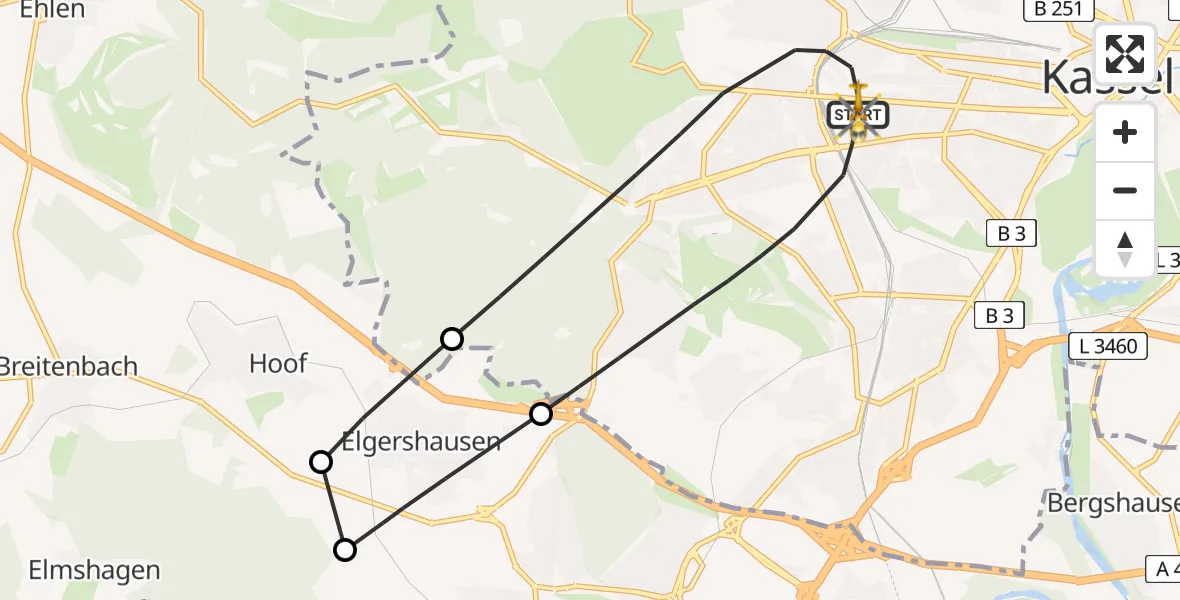 Flugroute Rettungshubschrauber Kassel - Kassel, 03 Mai 2026, 10:20