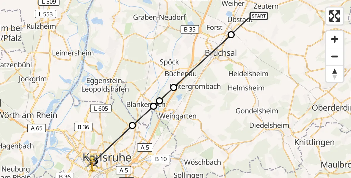Flugroute Rettungshubschrauber Ubstadt-Weiher - Sankt Vincentius Hospital, 03 Mai 2026, 10:27