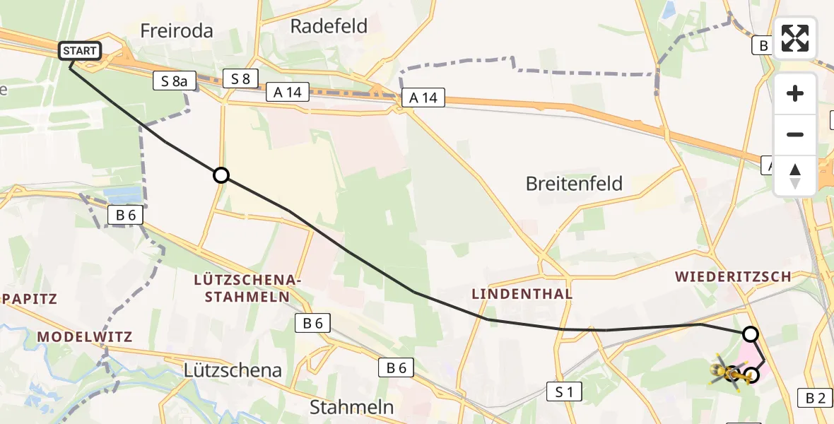 Flugroute Rettungshubschrauber Flughafen Leipzig/Halle - Sankt Georg Hospital Leipzig Reserve, 03 Mai 2026, 10:28
