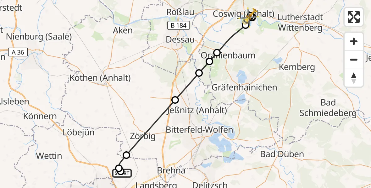 Flugroute Rettungshubschrauber Halle-Oppin Flugplatz - MediClin Heart Center Coswig Hubschrauberlandeplatz, 03 Mai 2026, 10:34