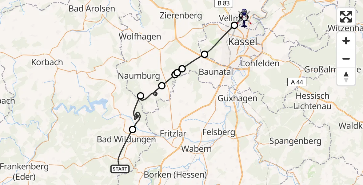Flugroute Polizeihubschrauber Bad Wildungen - Fuldatal Bundespolizei Hubschrauberlandeplatz, 03 Mai 2026, 10:37