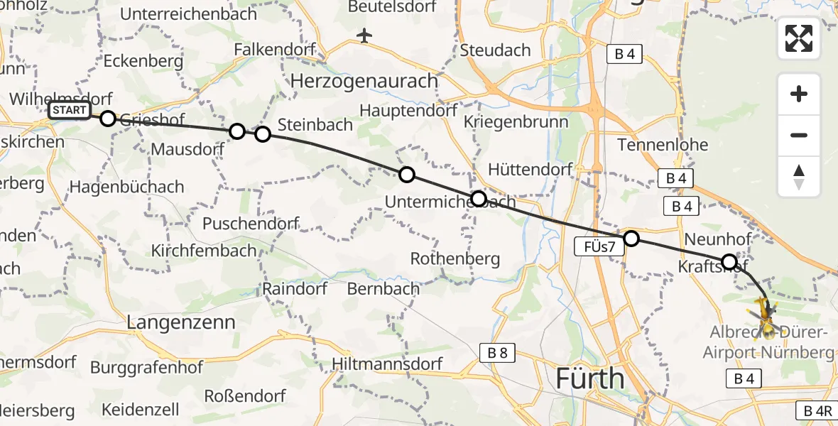 Flugroute Rettungshubschrauber Wilhelmsdorf - Flughafen Nuremberg, 03 Mai 2026, 10:38